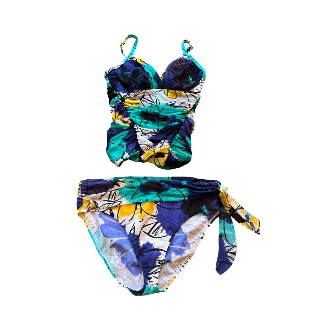 Be Creative Women Blue Green Floral Ruched Tankini Swimsuit Set Size 10